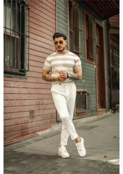 Erkek Beyaz-Vizon Normal Kalıp Triko T-Shirt modelleri