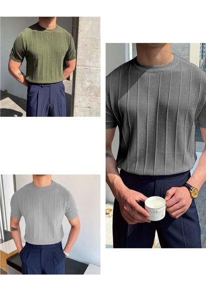 Füme-Haki-Gri 3'lü Erkek Yuvarlak Yaka Örme T-Shirt