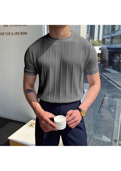 Füme-Haki-Gri 3'lü Erkek Yuvarlak Yaka Örme T-Shirt modelleri