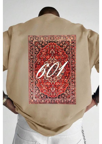 Erkek Bej Yetim Kol Oversize Carpet Baskılı Tshirt