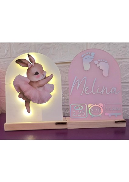 Bebek Ismine Özel Hazırlanan Ledli Abajur ve Doğum Panosu Beyaz Pembe
