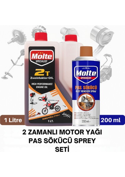 Molte 2t Motor Yağı 1 Litre + Pas Sökücü 200ML Set – Tırpan, Testere, Motosiklet Bakımı Için Yağlama ve Pas Temizleme Çözümü