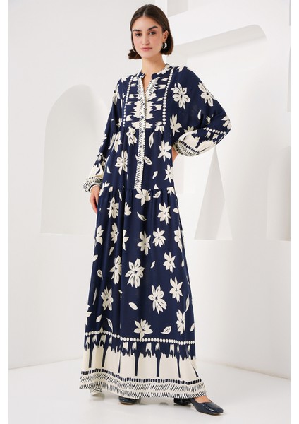 2423 Otantik Desenli Tesettür Elbise - L. Lacivert fiyatları