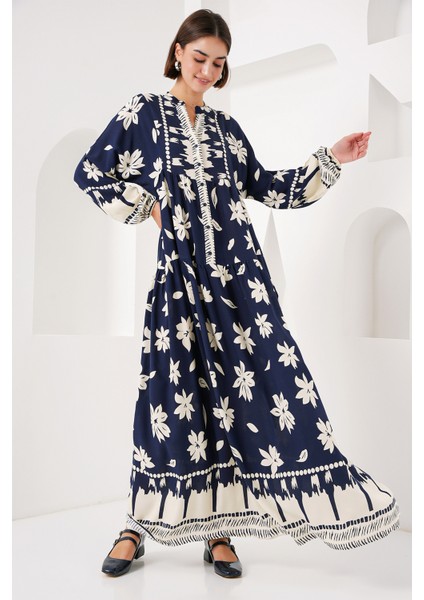 2423 Otantik Desenli Tesettür Elbise - L. Lacivert modelleri