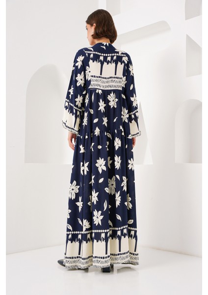 2423 Otantik Desenli Tesettür Elbise - L. Lacivert indirimleri