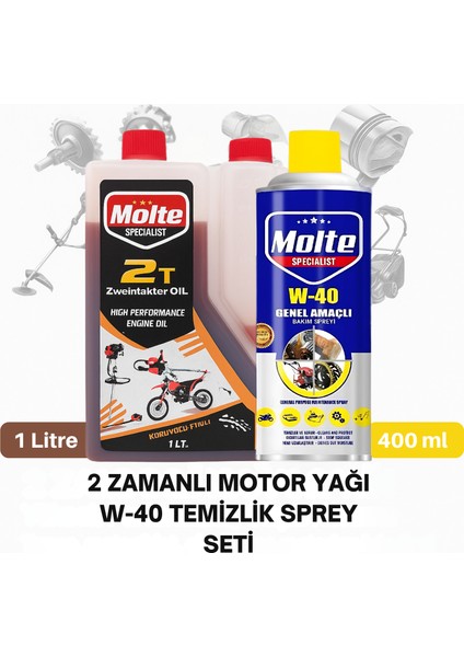 Molte 2t Motor Yağı 1 Litre + W-40 Çok Amaçlı Temizlik ve Bakım Spreyi 400ML – Tırpan, Testere ve Bahçe Makineleri Için Profesyonel Bakım Seti