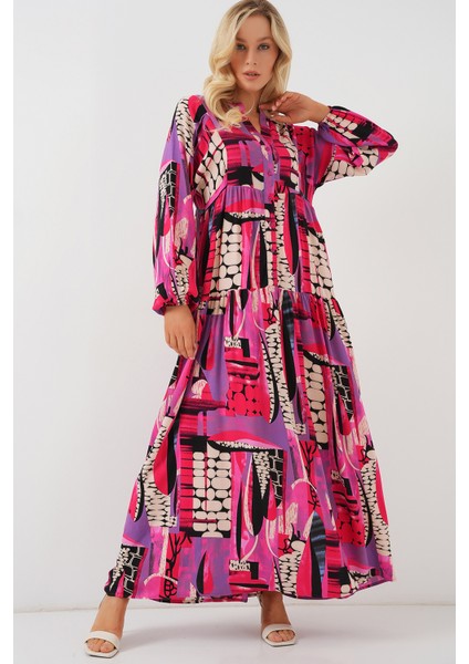 2423 Otantik Desenli Tesettür Elbise - Siyah - Mor