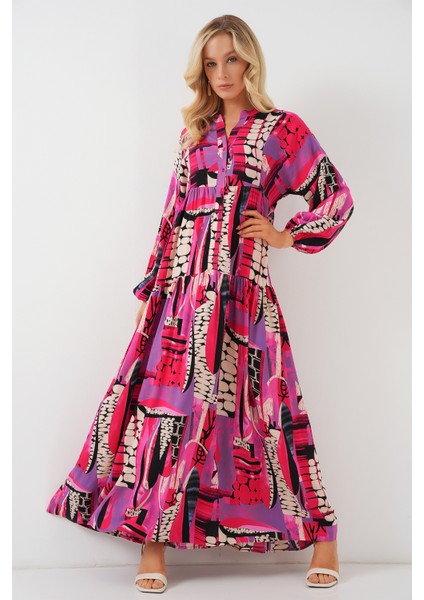 2423 Otantik Desenli Tesettür Elbise - Siyah - Mor fiyatları