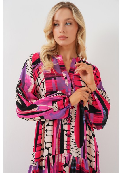 2423 Otantik Desenli Tesettür Elbise - Siyah - Mor modelleri