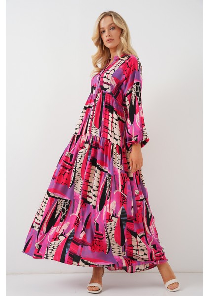 2423 Otantik Desenli Tesettür Elbise - Siyah - Mor fırsatları