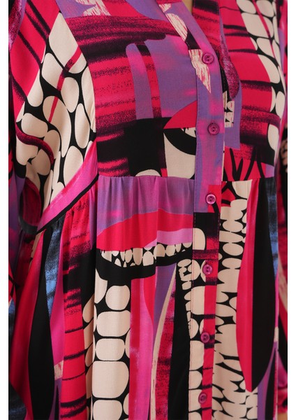 2423 Otantik Desenli Tesettür Elbise - Siyah - Mor indirimleri