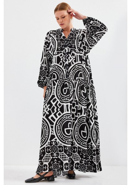 2423 Otantik Desenli Tesettür Elbise - Siyah5