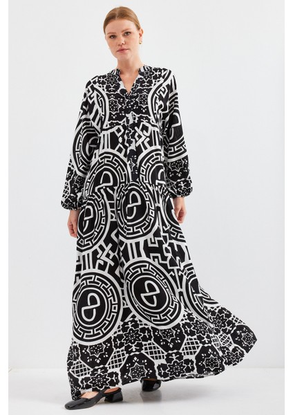 2423 Otantik Desenli Tesettür Elbise - Siyah5 fiyatları