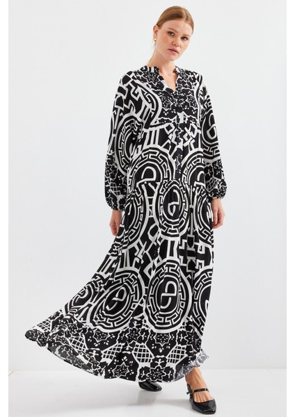 2423 Otantik Desenli Tesettür Elbise - Siyah5 modelleri
