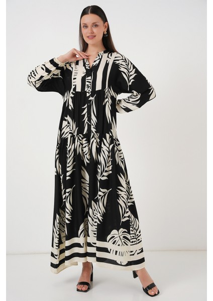 2423 Otantik Desenli Tesettür Elbise - Siyah 12