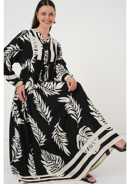 2423 Otantik Desenli Tesettür Elbise - Siyah 12 fiyatları
