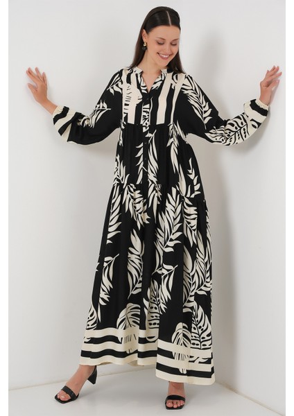 2423 Otantik Desenli Tesettür Elbise - Siyah 12 modelleri