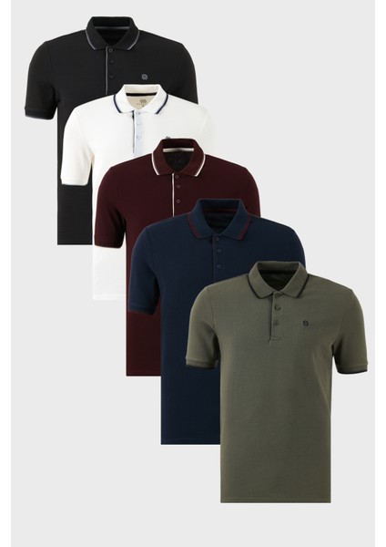 Pamuklu Slim Fit Şerit Detaylı Düğmeli Polo Yaka 5'li Paket T Shirt Erkek T Shirt 5902118S5