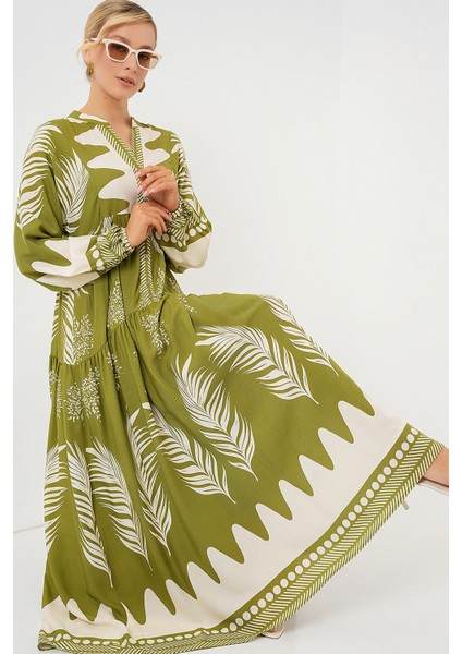 2423 Otantik Desenli Tesettür Elbise - Mint Yeşili fiyatları