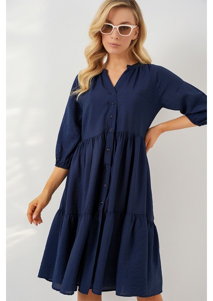 Kadın Düğmeli Kısa Kol Elbise 2559 - Lacivert