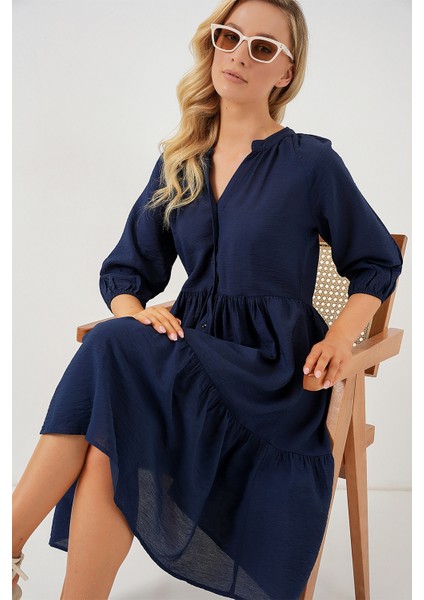 Kadın Düğmeli Kısa Kol Elbise 2559 - Lacivert fiyatları