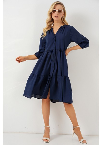 Kadın Düğmeli Kısa Kol Elbise 2559 - Lacivert modelleri