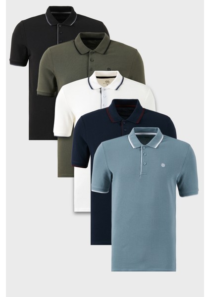 Pamuklu Slim Fit Şerit Detaylı Düğmeli Polo Yaka 5'li Paket T Shirt Erkek T Shirt 5902118S5