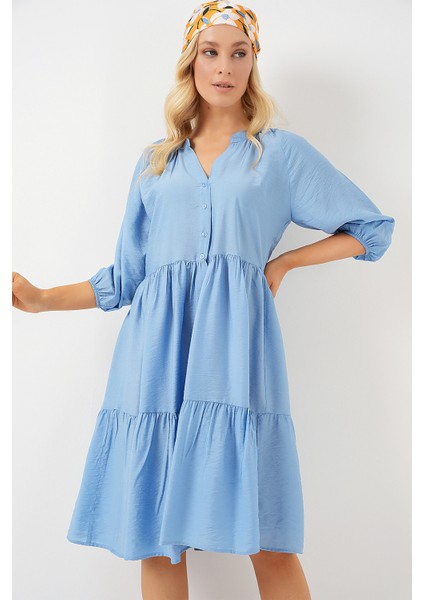 Kadın Düğmeli Kısa Kol Elbise 2559 - Indigo