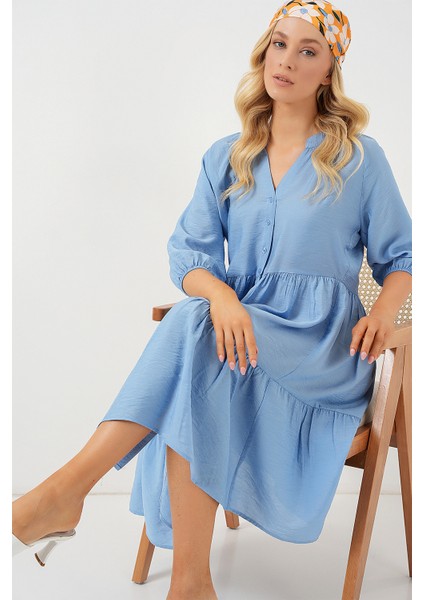 Kadın Düğmeli Kısa Kol Elbise 2559 - Indigo fiyatları