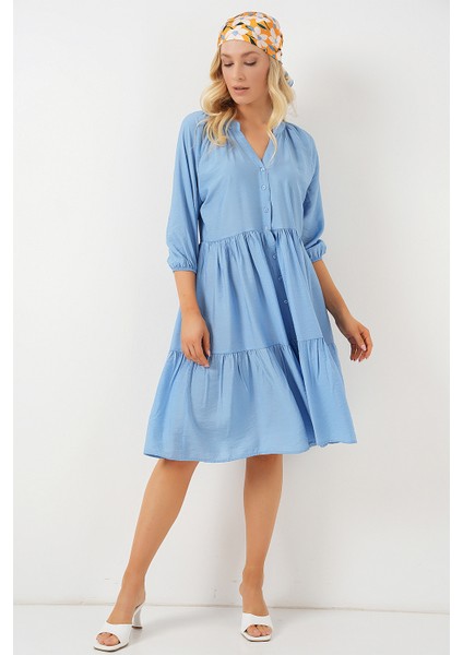 Kadın Düğmeli Kısa Kol Elbise 2559 - Indigo modelleri