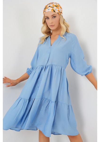 Kadın Düğmeli Kısa Kol Elbise 2559 - Indigo fırsatları