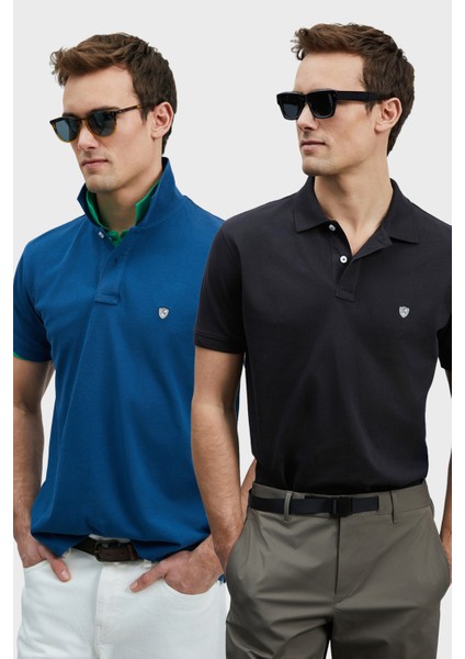 Logolu Pamuklu Comfort Fit Düğmeli Polo Yaka 2'li T Shirt Erkek T Shirt 111040206S2