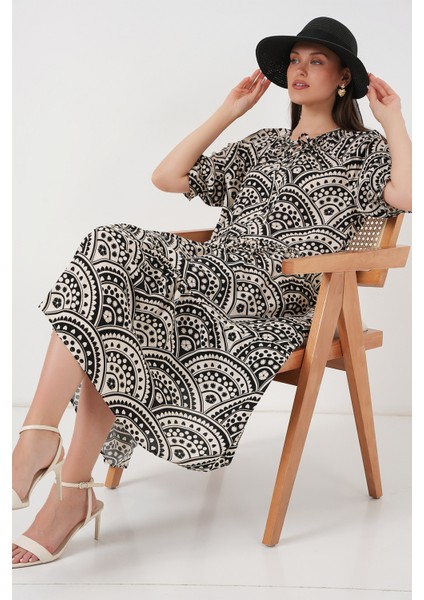 Kadın Kısa Kol Desenli Elbise 2553 - Siyah