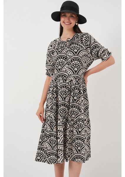 Kadın Kısa Kol Desenli Elbise 2553 - Siyah fiyatları