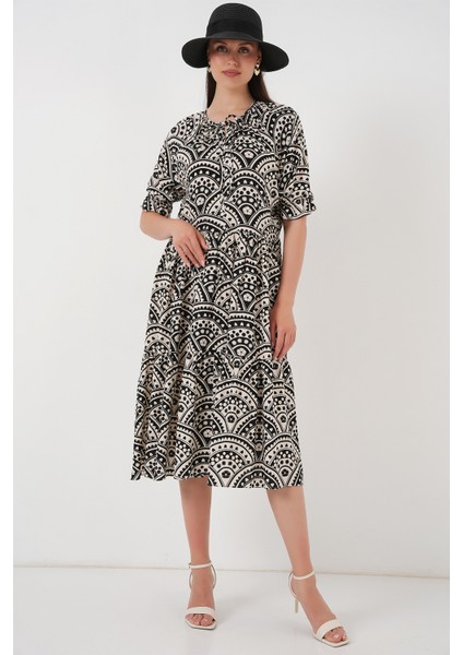 Kadın Kısa Kol Desenli Elbise 2553 - Siyah modelleri