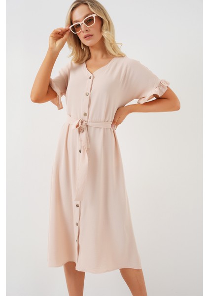 Kadın Kısa Kol Düğmeli Elbise 2555 - Krem