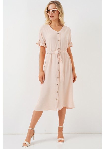 Kadın Kısa Kol Düğmeli Elbise 2555 - Krem fiyatları