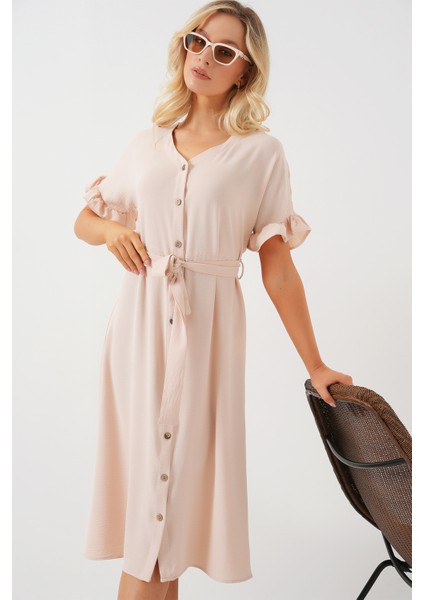 Kadın Kısa Kol Düğmeli Elbise 2555 - Krem modelleri