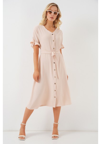 Kadın Kısa Kol Düğmeli Elbise 2555 - Krem fırsatları