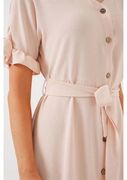 Kadın Kısa Kol Düğmeli Elbise 2555 - Krem indirimleri