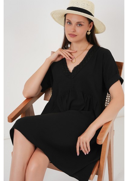 Kadın V Yaka Kısa Kol Elbise 2567 - Siyah modelleri