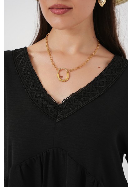 Kadın V Yaka Kısa Kol Elbise 2567 - Siyah indirimleri