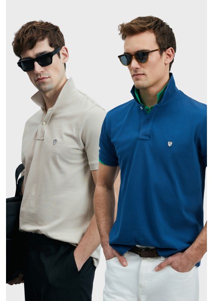 Logolu Pamuklu Comfort Fit Düğmeli Polo Yaka 2'li T Shirt Erkek T Shirt 111040206S2
