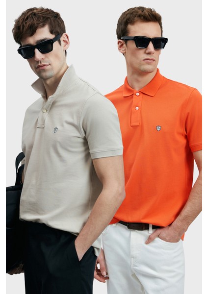 Logolu Pamuklu Comfort Fit Düğmeli Polo Yaka 2'li T Shirt Erkek T Shirt 111040206S2