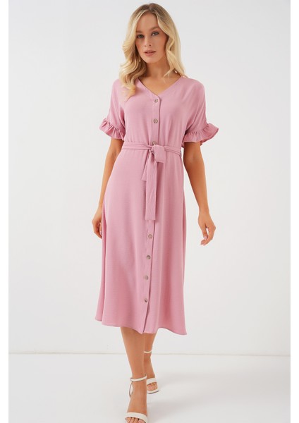 Kadın Kısa Kol Düğmeli Elbise 2555 - Pudra modelleri