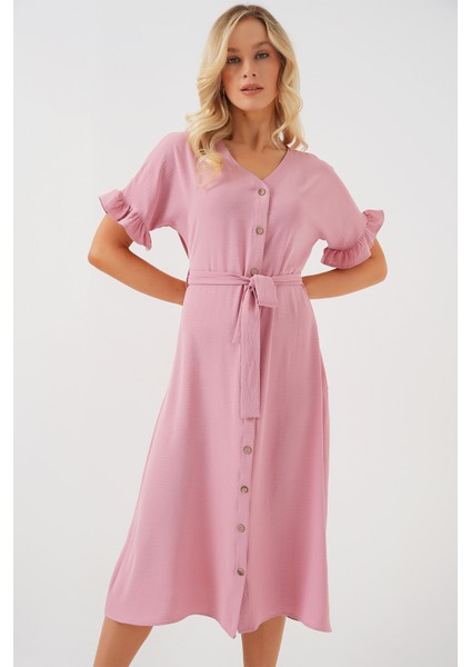 Kadın Kısa Kol Düğmeli Elbise 2555 - Pudra fırsatları