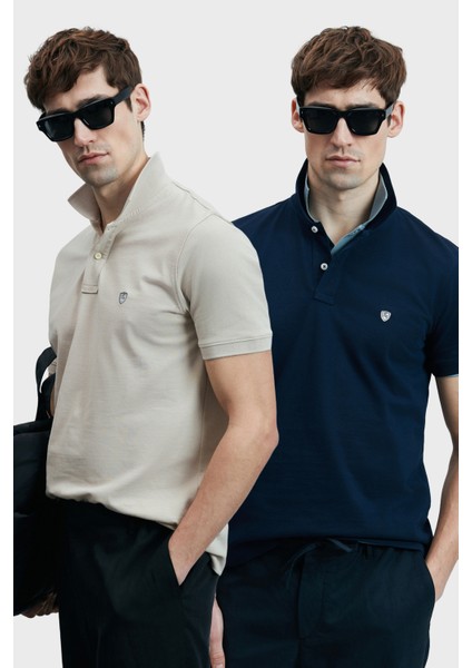 Logolu Pamuklu Comfort Fit Düğmeli Polo Yaka 2'li T Shirt Erkek T Shirt 111040206S2