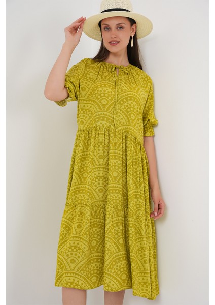 Kadın Kısa Kol Desenli Elbise 2553 - E.yeşil