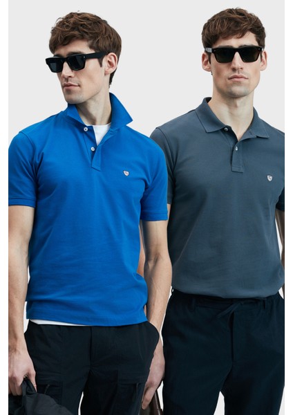 Logolu Pamuklu Comfort Fit Düğmeli Polo Yaka 2'li T Shirt Erkek T Shirt 111040206S2