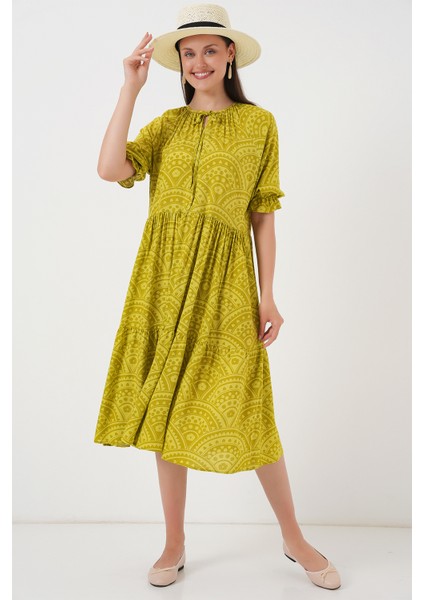 Kadın Kısa Kol Desenli Elbise 2553 - E.yeşil modelleri